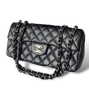 Chanel East West Classic Shoulder Flap Bag Quilted Black Perforated Leather